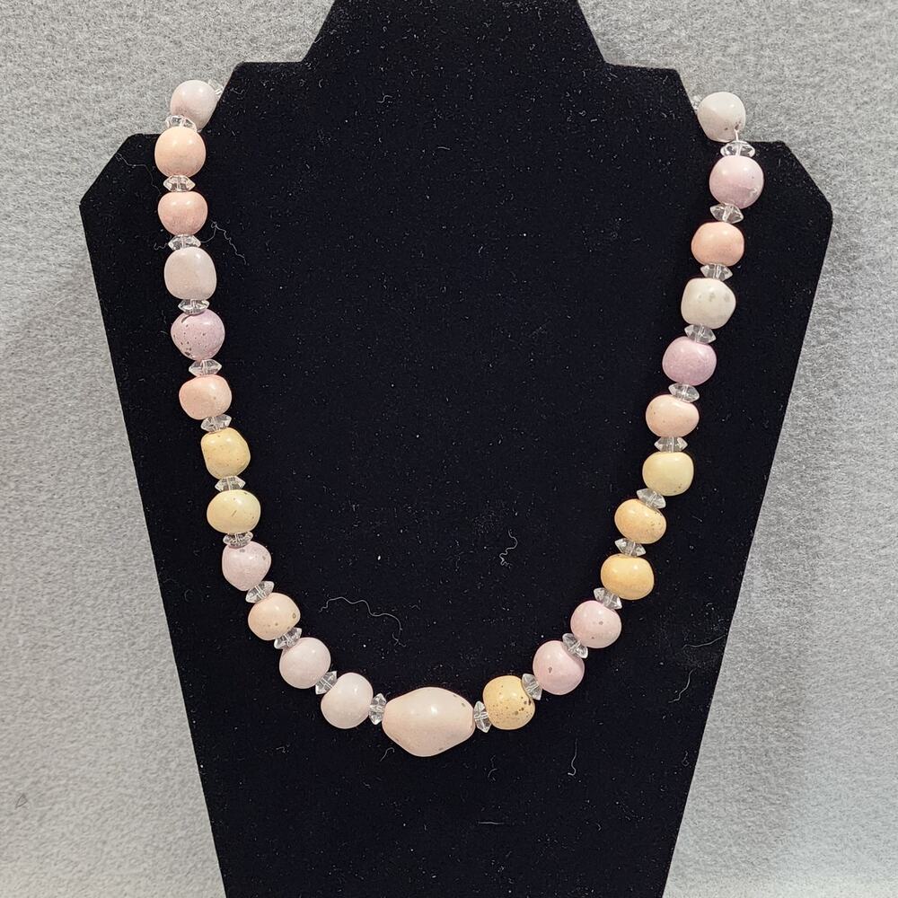 Chunky CLAY BEADED Necklace Crystal Spacer Toggle Closure Vintage Handmade 11in